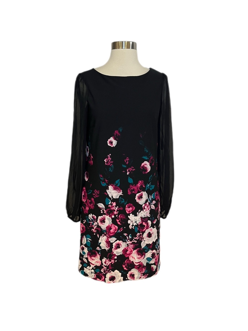 NWOT White House Black Market Size 0 Black Floral Long Sleeve Shift Dress